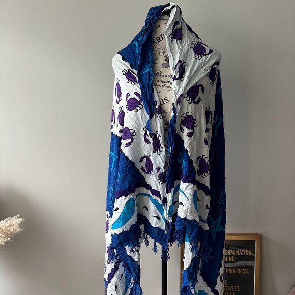 Beach Sarong Wrap - Blue & White Sea Life Print - Lightweight Cover-Up - Picture 1 of 2